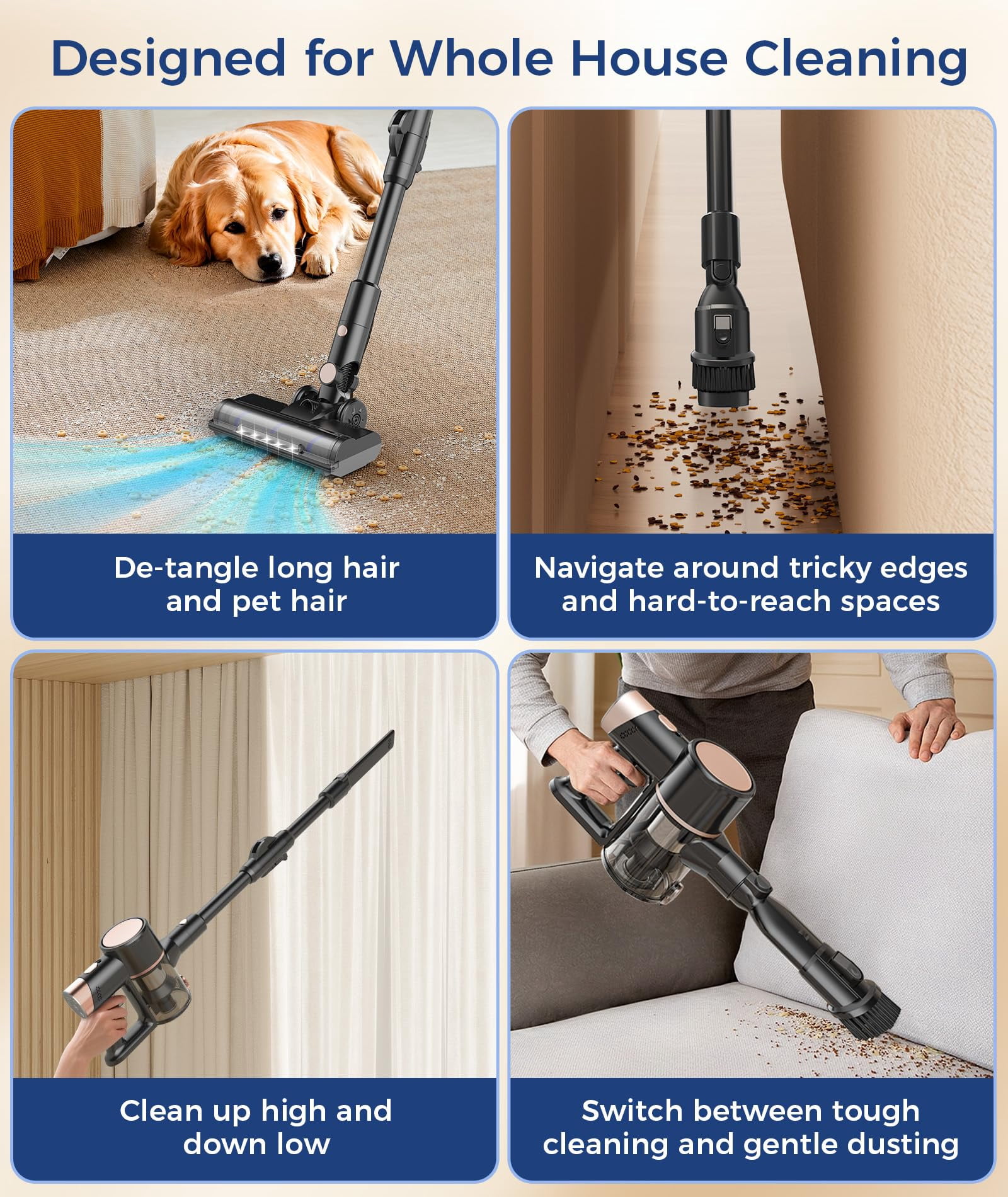 KISSAIR Cordless Vacuum Cleaners rechargeable 50min 2200mah Lightweight Led Display Screen Stick Vacuum Cleaners for Home Carpet Hardwood Floor Pet Hair, Grey