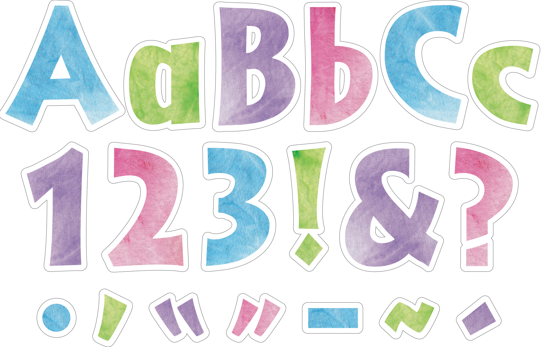 Barker Creek 4" Letter Pop-Outs 3-Pack, Tie-Dye, 765 Upper and Lowercase Letters, Numbers & Punctuation Marks, 4" (4350)