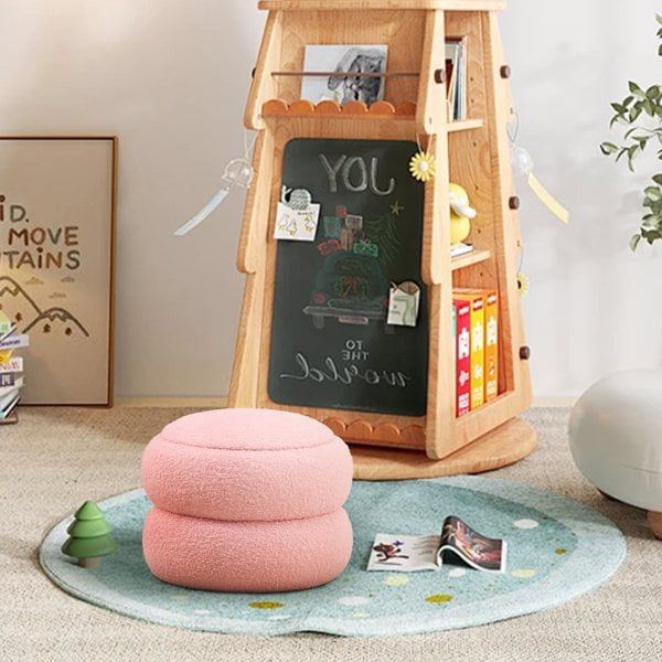 Storage Ottoman, Round Teddy Velvet Footrest with Tray, Macaron-Shaped Stool, Modern Side Table, Small Ottoman for Living Room, Bedroom, and Hallway Decor- Pink
