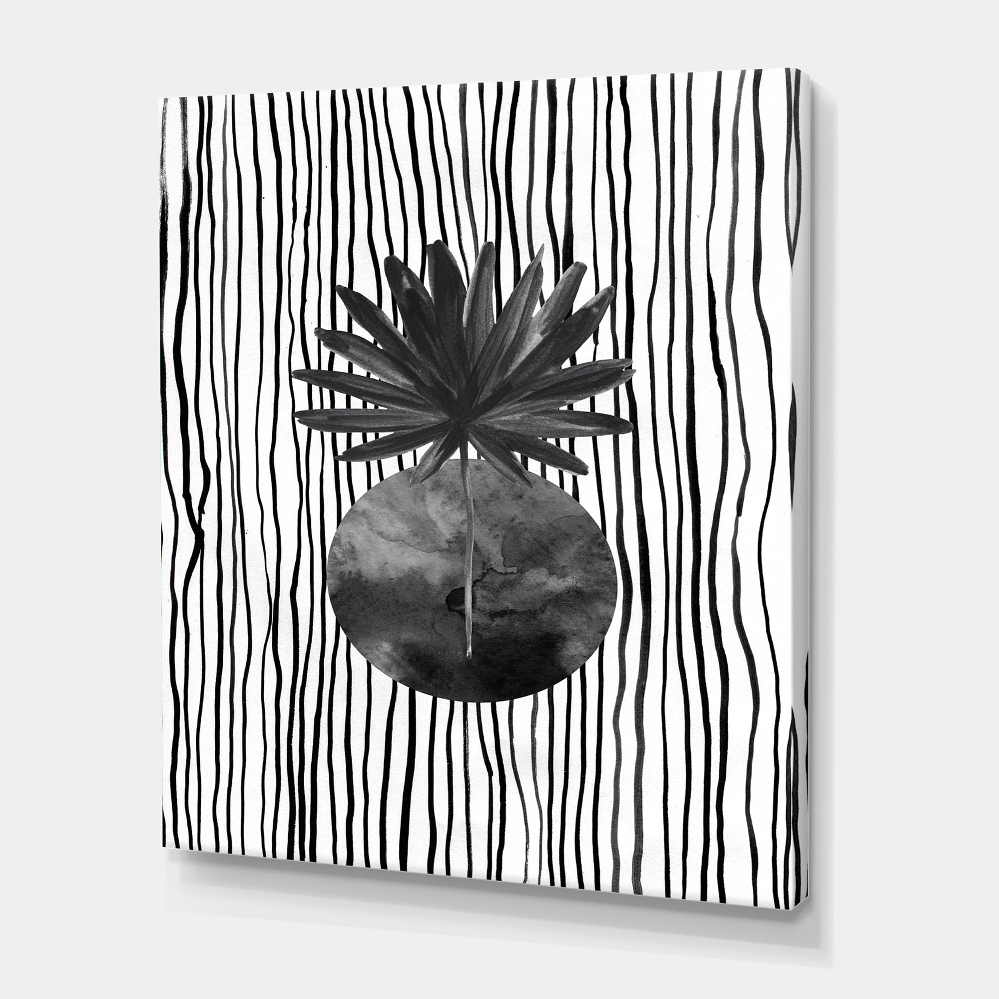 Designart ' Black and White Striped Under Tropical Leaf I ' Modern Canvas Wall Art Print