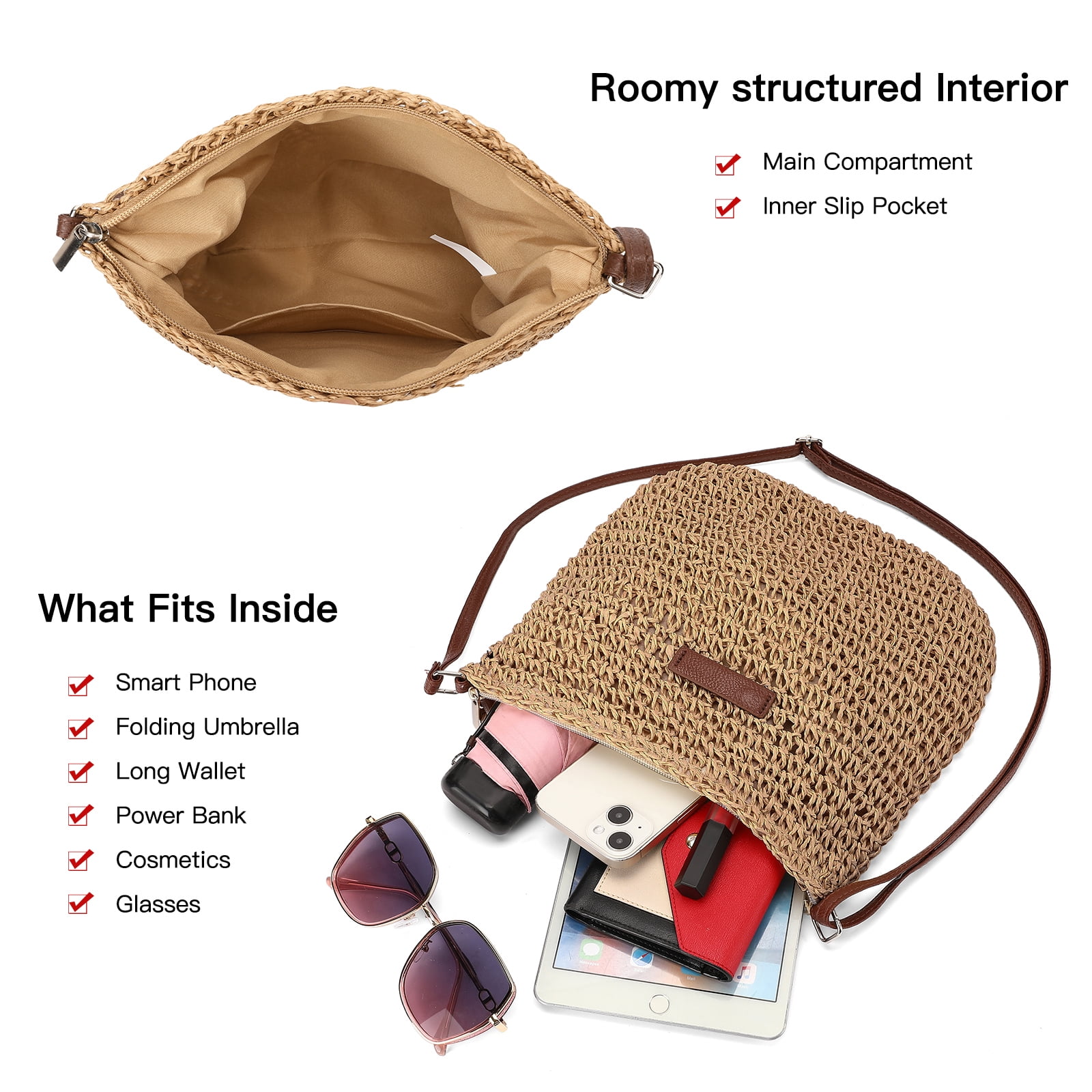 LOUEBICA Straw Beach Bag for Women Small Woven Crossbody Bag Summer Mesh Hollow Beachy Purse Shoulder Bag for Vacation