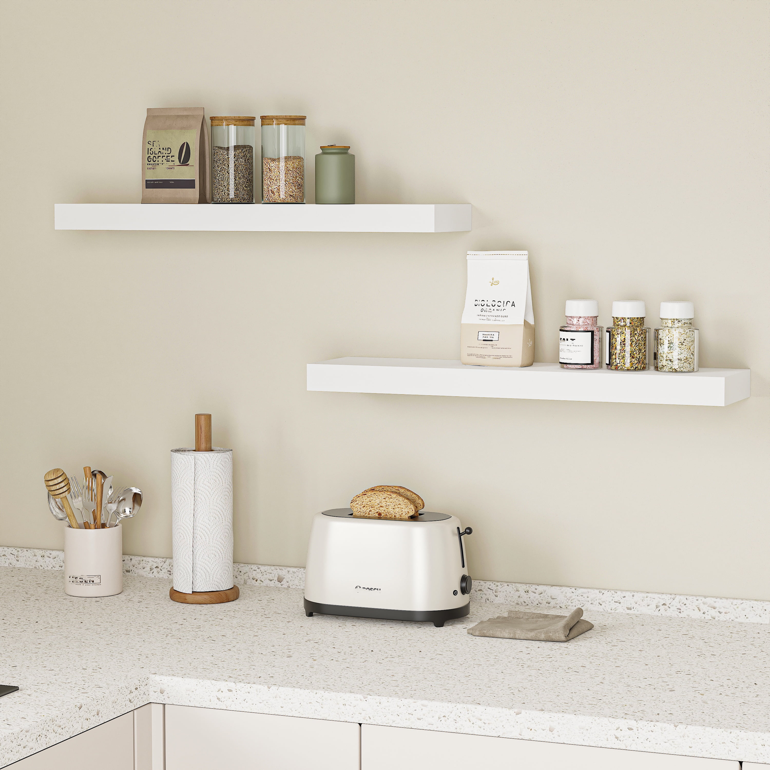Jouetondream 24X6 White Floating Shelves for Wall, Wood Hanging Shelves up to 20lbs for Bedroom, Bathroom, Kitchen(Set of 2)