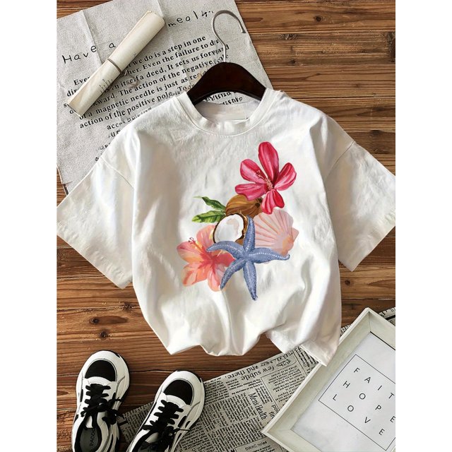 Women's Casual Short Sleeve Crew Neck T-Shirt - Watercolor Starfish & Floral Print, Soft Breathable Cotton, Relaxed Fit Comfort Vibrant Pattern Comfortable Material Print Top
