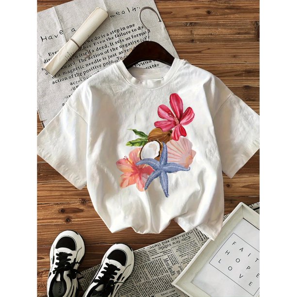 Women's Casual Short Sleeve Crew Neck T-Shirt - Watercolor Starfish & Floral Print, Soft Breathable Cotton, Relaxed Fit Comfort Vibrant Pattern Comfortable Material Print Top