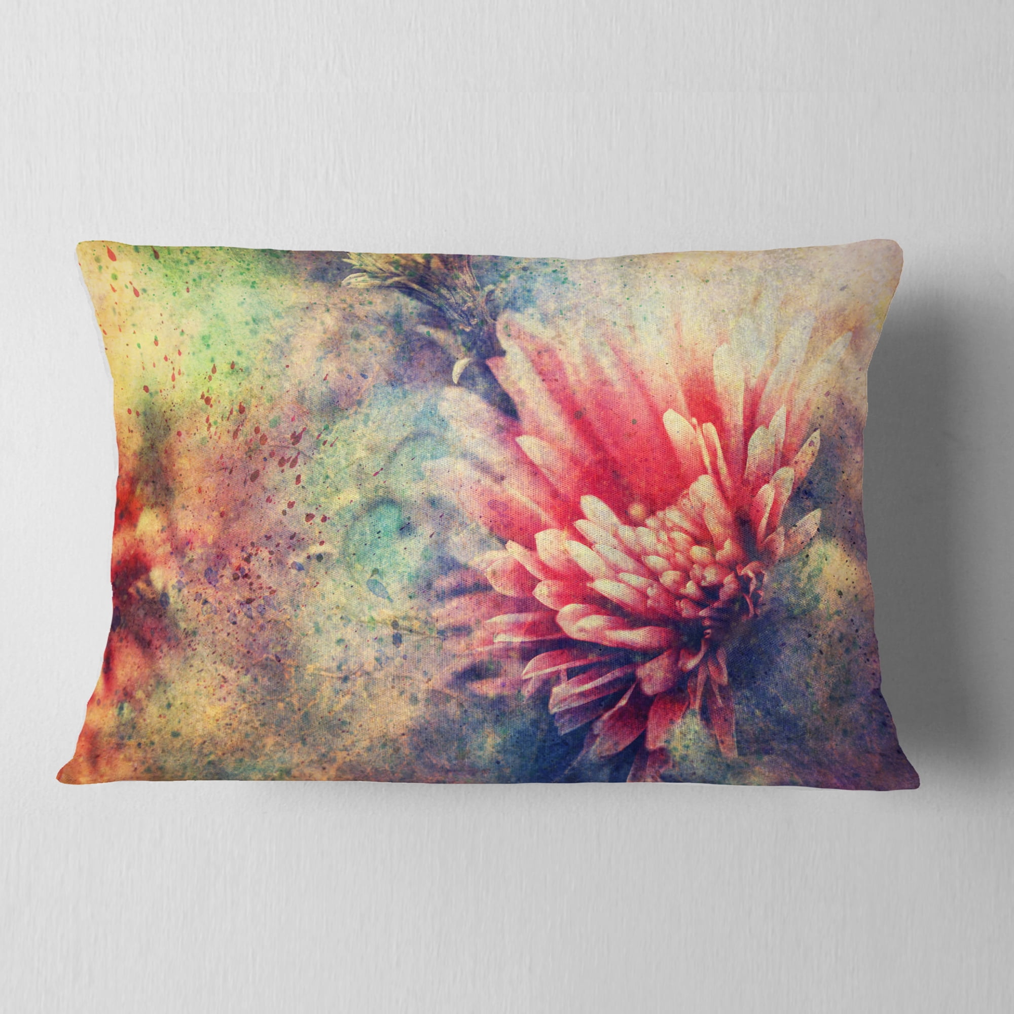 Designart Grunge Art with Flower and Splashes - Flower Throw Pillow - 12x20
