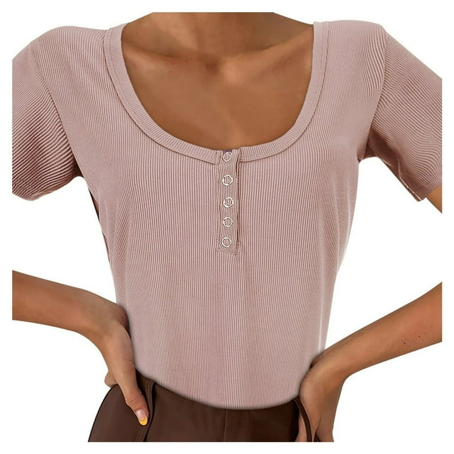Short Sleeve T Shirt Womens Solid Color Womens Basic Sexy Low Cut Button Down Tight Slim Fitted Tee Tops T Shirts