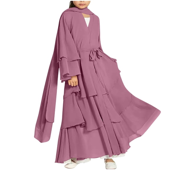 Girls Dresses Long Sleeve Muslim Dresses for Girls Girl's Amuslim Ramadan Festival Solid Color Long Sleeve V-Neck Dress Floating Three Layer Chiffon Girl's Clothing Elegant Dress,4-15 Years