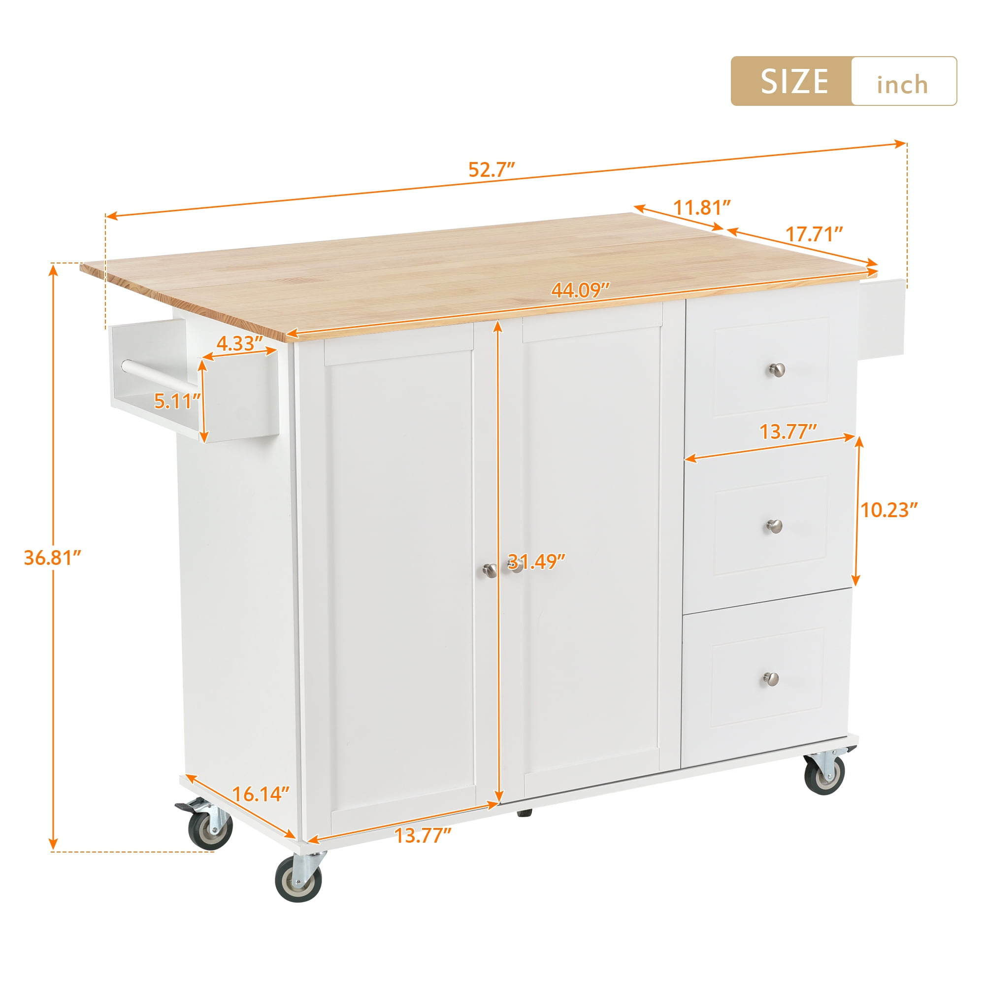 DEALTOPS Rolling Kitchen Islands with Storage Cabinets, White, 52.76 in