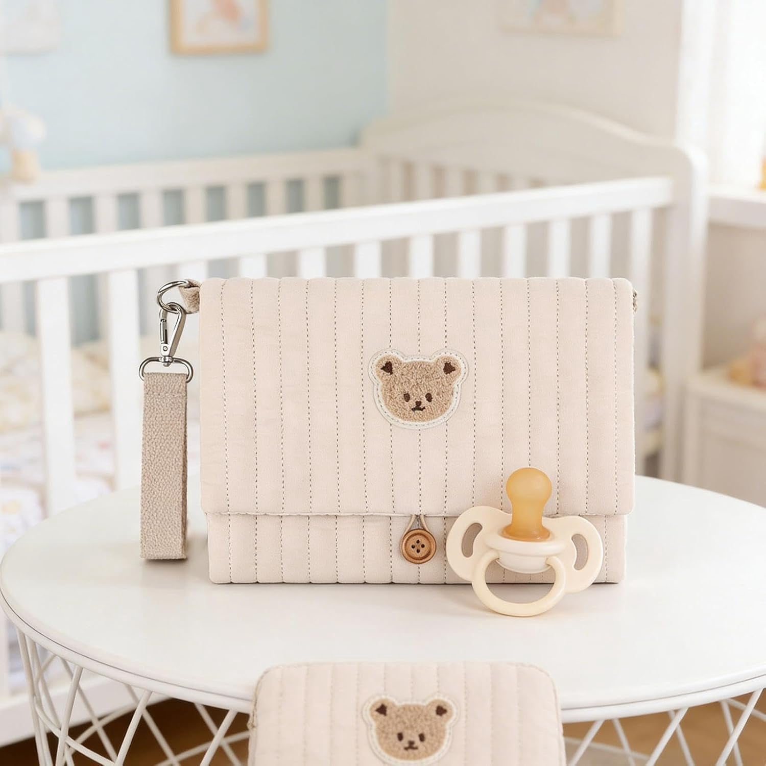 Diaper and Wipes Pouch | Cute Bear Embroidery Foldable Pouch | with Stroller Strap Compartment Diaper Bag Organizers | for