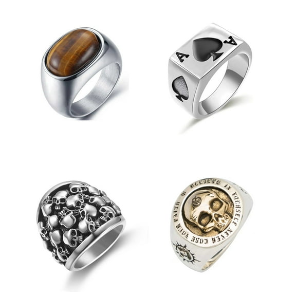 4Pcs Men's Stainless Steel Signet Rings Chunky Silver Ring Wide Vintage Skull Ace of Spades Ring Set