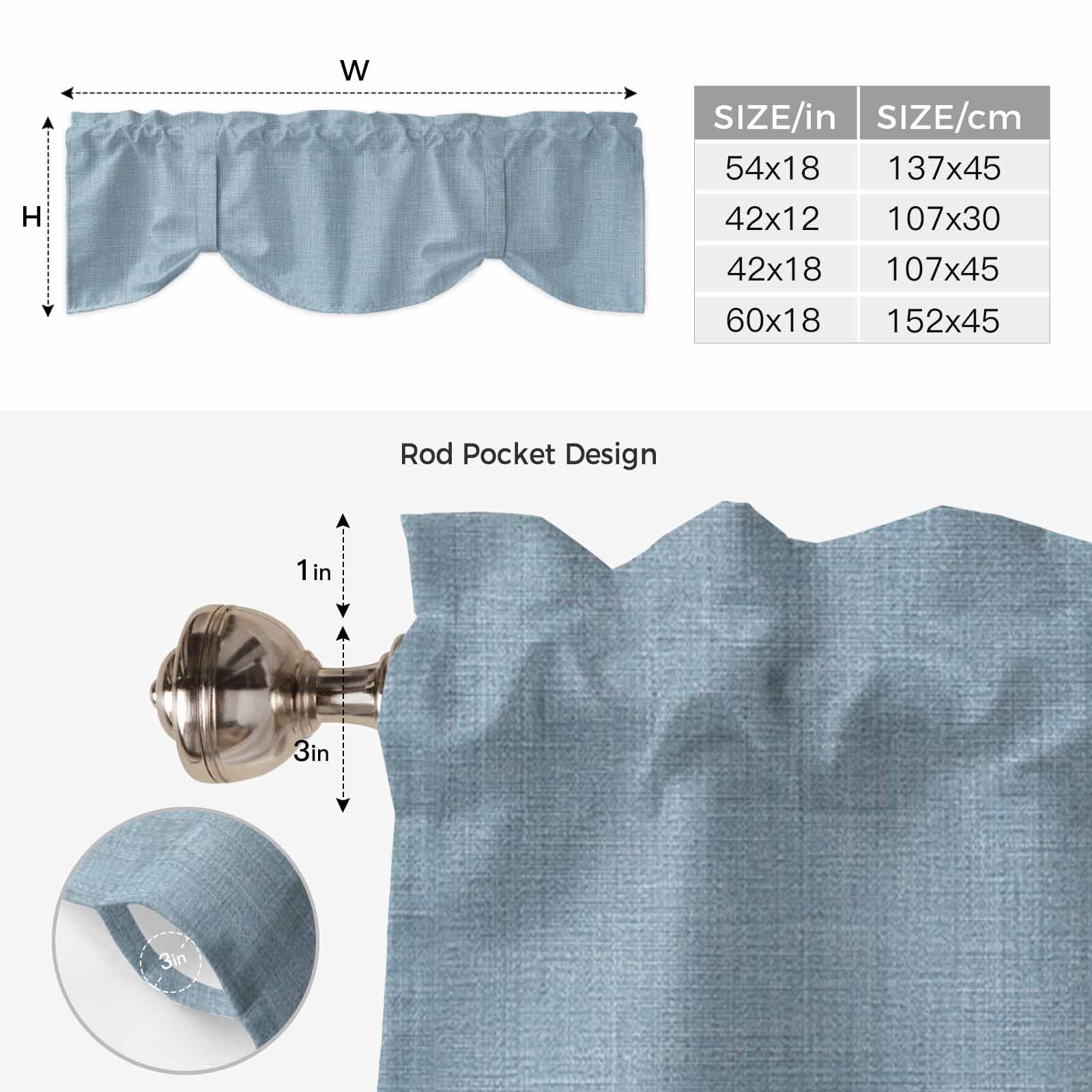 Vintage Sky Blue Tie Up Valance Curtains for Windows, Kitchen Curtains Window Treatments, Farmhouse Retro Solid Color Linen Texture Short Window Shades Valances for Bedroom Bathroom Cafe 54"x18"