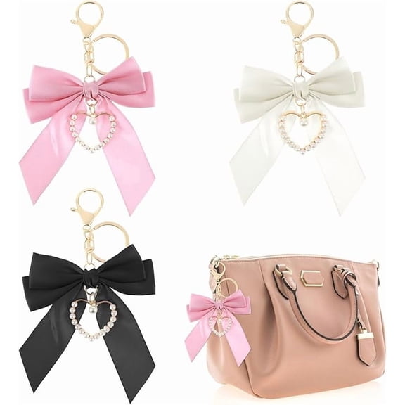 3 Pcs Pearl Bow Keychain,Bow keychain,Pearl keychain,Bow Pearl Purse Charms for Girls,Pearl Key Chains for Backpacks,Handbag, Car Keys s Accessories
