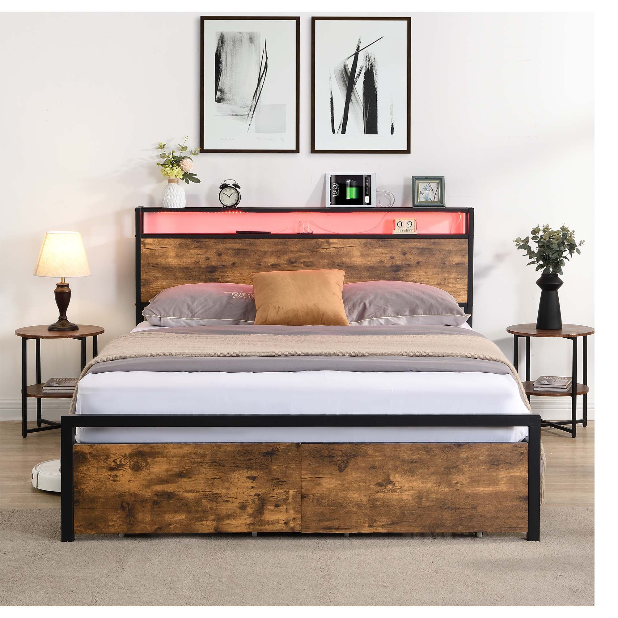 DEALTOPS Full Size Metal Bed with Storage Headboard and 2 Drawers, Platform Bed Frame with LED Lights, Charging Station, Brown