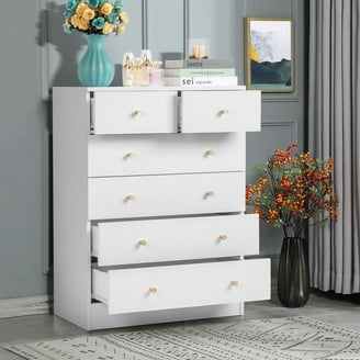 High Gloss - Gold Handles & Adjustable Legs White Dresser 6 Drawer