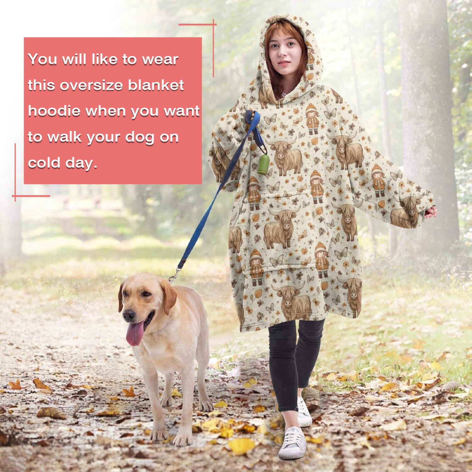 Beige Highland Cow Doll Pattern Wearable Oversized Blanket,Wearable Blanket Hoodie for Adults,Cozy Hooded Blankets with Super Pockets,Super Warm Fuzzy Pullover for Women & Men