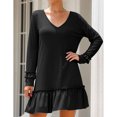 thumbnail image 3 of Vestido con cuello en V Color puro Manga larga Volantes Suelto Vestido casual de mujer para vacaciones Club Fecha Trabajo Vacaciones Negro XL, 3 of 6