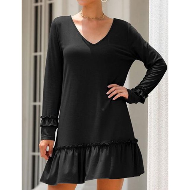 Vestido De Mujer, Vestido Con Cuello En V, Color Puro, Con Volantes, Suelto, Fácil De Combinar Para Vacaciones, Citas, Trabajo. ANGGREK Otros