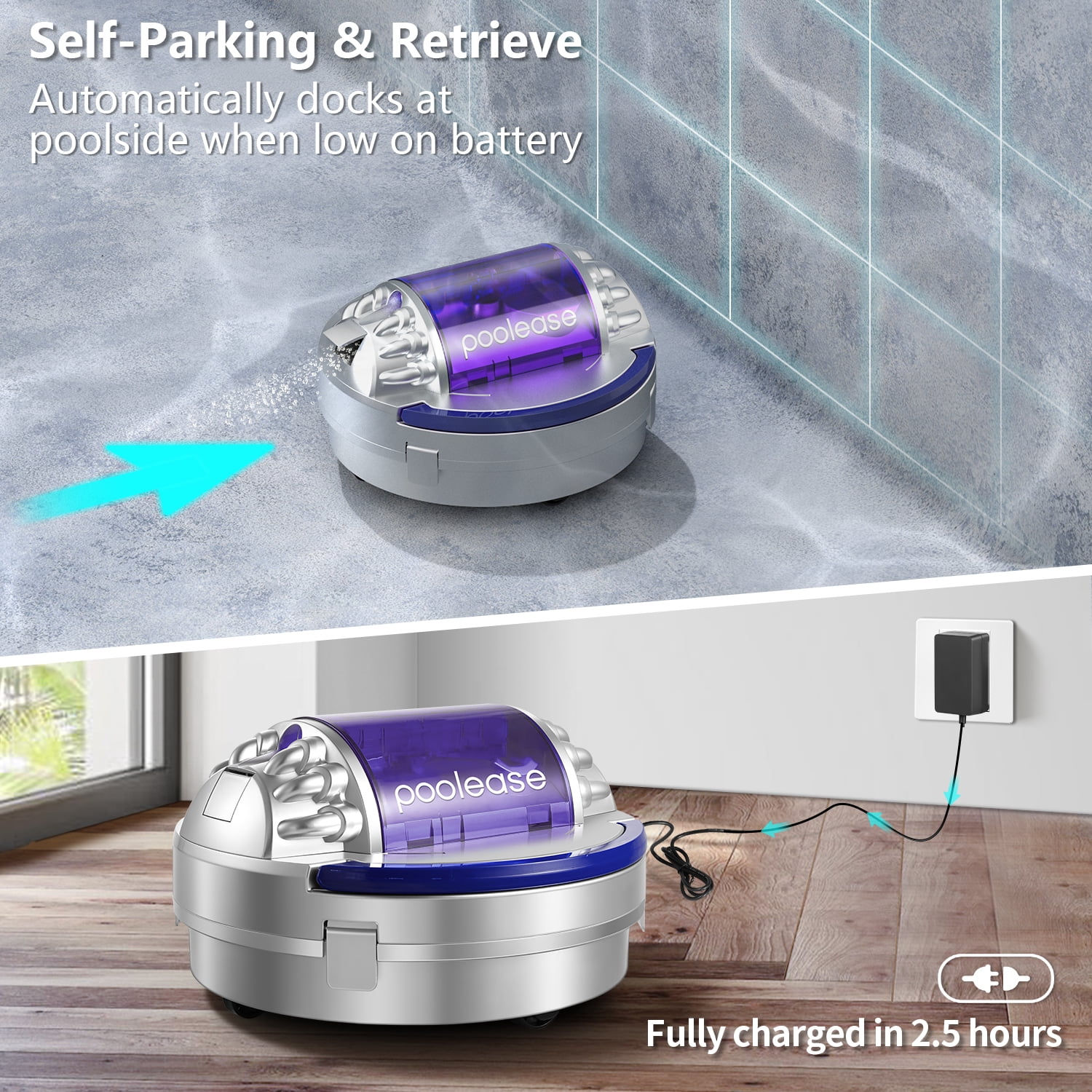 Poolease Cordless Robotic Automatic Pool Cleaner, Dual 45W Motors, Self-Parking, for In-Ground & Above Ground Pools