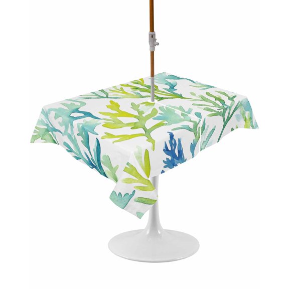 Outdoor Table Cloth with Umbrella Hole and Zipper, Coastal Ocean Coral Waterproof Rectangle Tablecloth 54"x80", Green Blue Turquoise Aqua Summer Washable Table Cover for Outside Party Patio Picnic