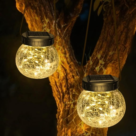 Solar Lanterns Outdoor Waterproof with 30 Warm White LEDs, Hanging Cracked Glass Globe Lights for Garden, Patio, Backyard Decor