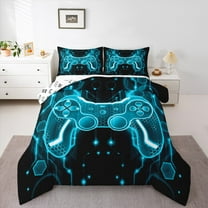 Manfei Neon Gamepad Boys Full Size Comforter Sets, Cyan Honeycomb Geometric Bedding Comforter Set, Modern Video Game Lover Reversible Bedding Sets, Microfiber Bedroom Decor, 3 Pieces