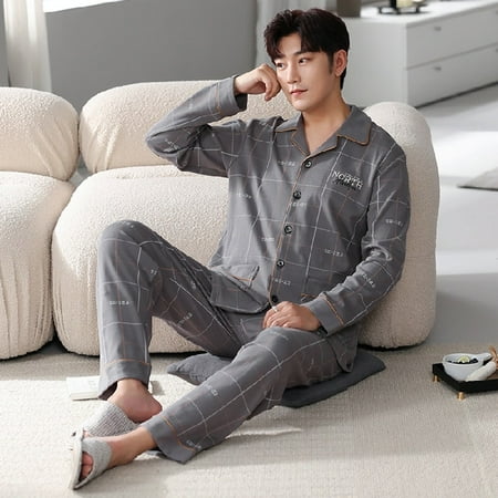 

PIKADINGNIS Autumn Winter Mens Cotton Pajamas Button Lapel Sleepwear Leisure Pajama Sets Casual Sleep&Lounge Father Pyjamas Male Pijama