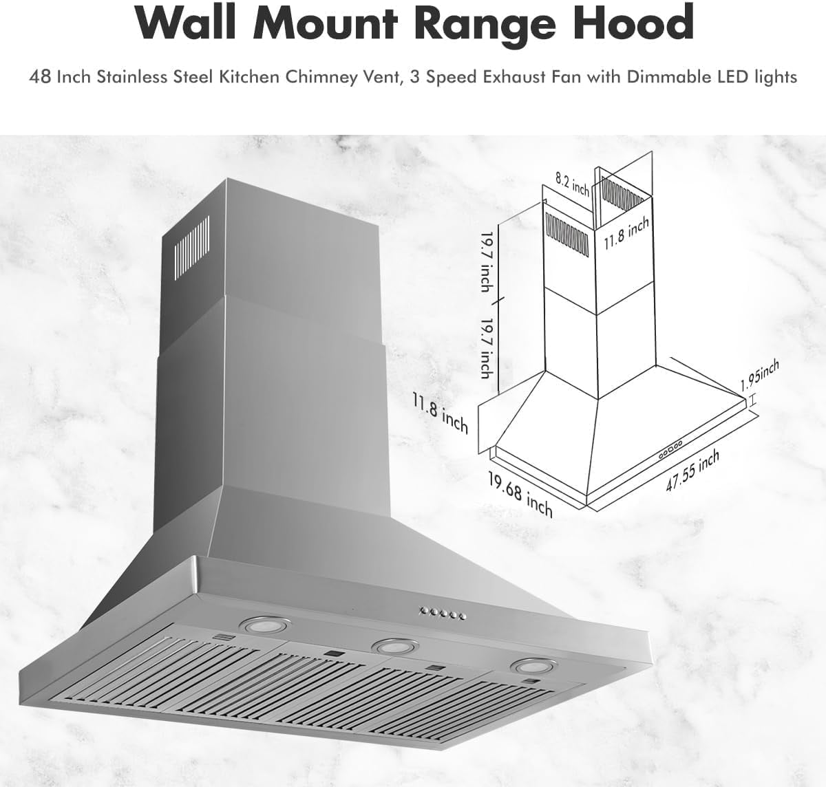 KYascend 48 inch Wall Mount Range Hood Vent Convertible Vent 800CFM Stainless Steel for Kitchen 3 Speed Exhaust Fan ETL listed (Wall Mount Range Hood)