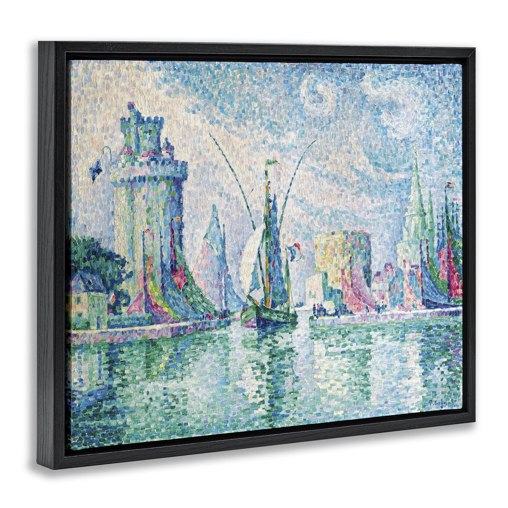 Stupell Industries La Rochelle Classical Signac Transportation Painting Black Floater Framed Canvas Art Print Wall Art, 21 x 17