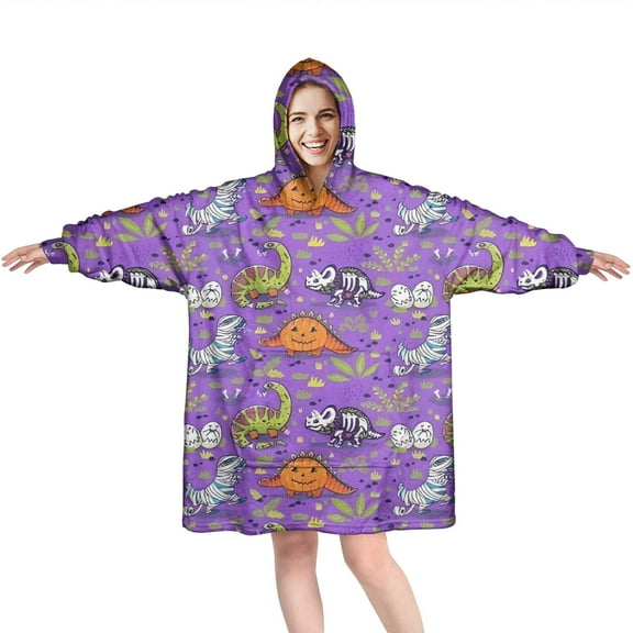 Wearable Oversized Blanket,Halloween Dinosaur Themed Pattern Wearable Blanket Hoodie for Adults,Cozy Hooded Blankets with Super Pockets,Super Warm Fuzzy Pullover for Women & Men