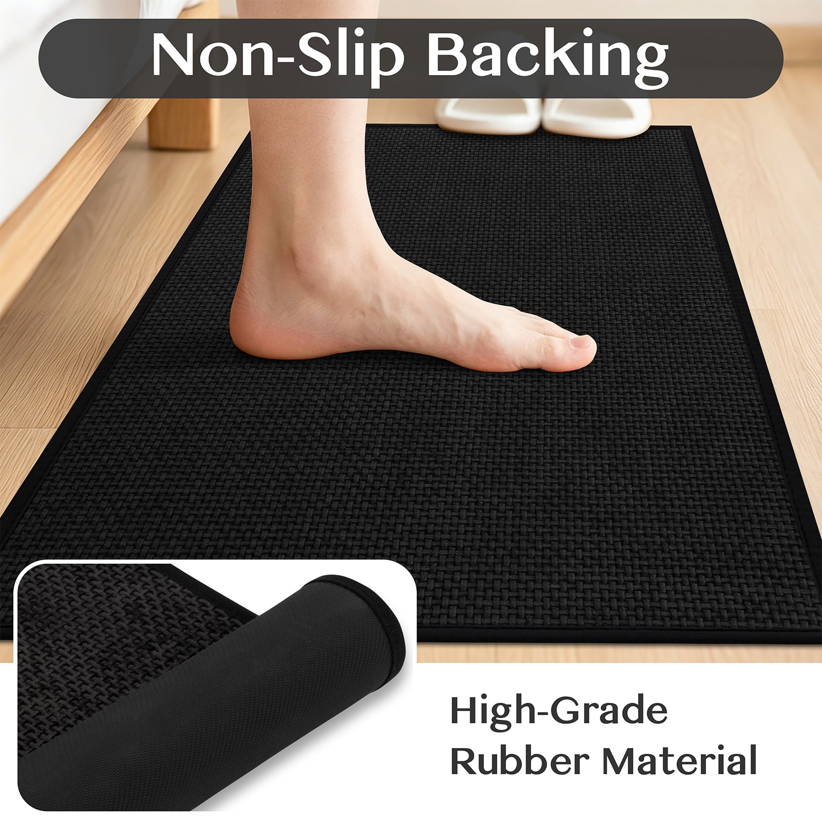 Ileading 3pcs Bathroom Rugs Set with U-Shaped Mat, Non Slip, Soft, Absorbent Bath Mats for Tub, Shower, Toilet 18"x26"+18"x48"+U Shape 20"x24" Black