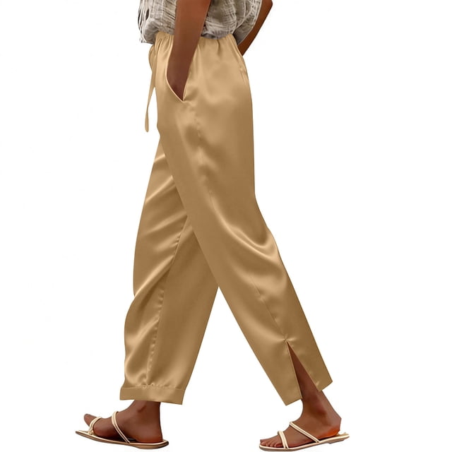 TaTaai Women Solid Satin Long Pants Side Split Minimalist Elegant Ladies Weekend Party Vacation Wear Non-See-Through Machine Washable No Fading Smooth Trousers Gift