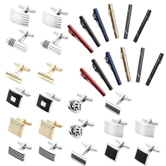 24-piece Men's Accessories Set: 12 Pairs of Silver and Black Striped Cufflinks (Fangyuan Design) with 12 Classic Tie Clips, Universal for Business Wedding Occasions