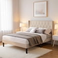 thumbnail image 1 of Marco de Cama Matrimonial Tapizado con Cabecera Wingback, Estructura de Acero y Listones de Madera, Beige, 196 x 145 x 119 cm, 1 of 8