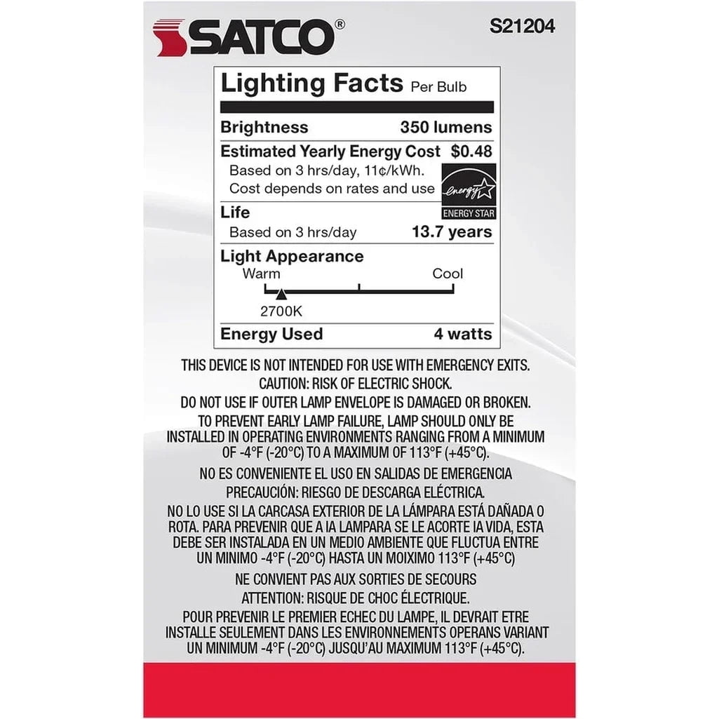 Satco S21204 G16.5 Globe LED Light Bulbs 4W 120V 2700K 90CRI E12 Candelabra Base Dimmable (6 Pack)