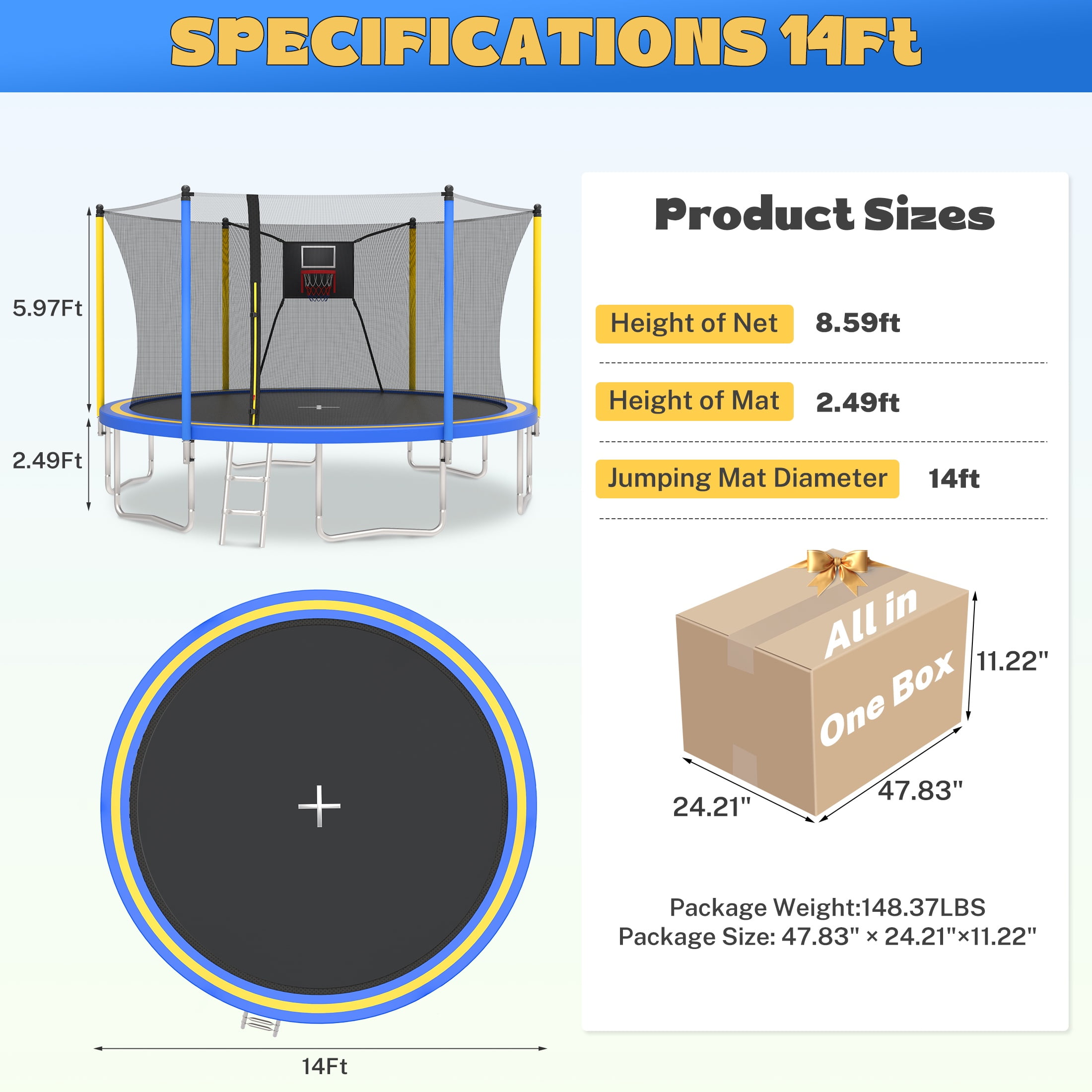 14ft Trampoline with Basketball Hoop, SEGMART Upgraded Round Kids Outdoor Trampoline with Enclosure, Heavy-Duty Backyard Trampoline for Adults and Kids, Blue
