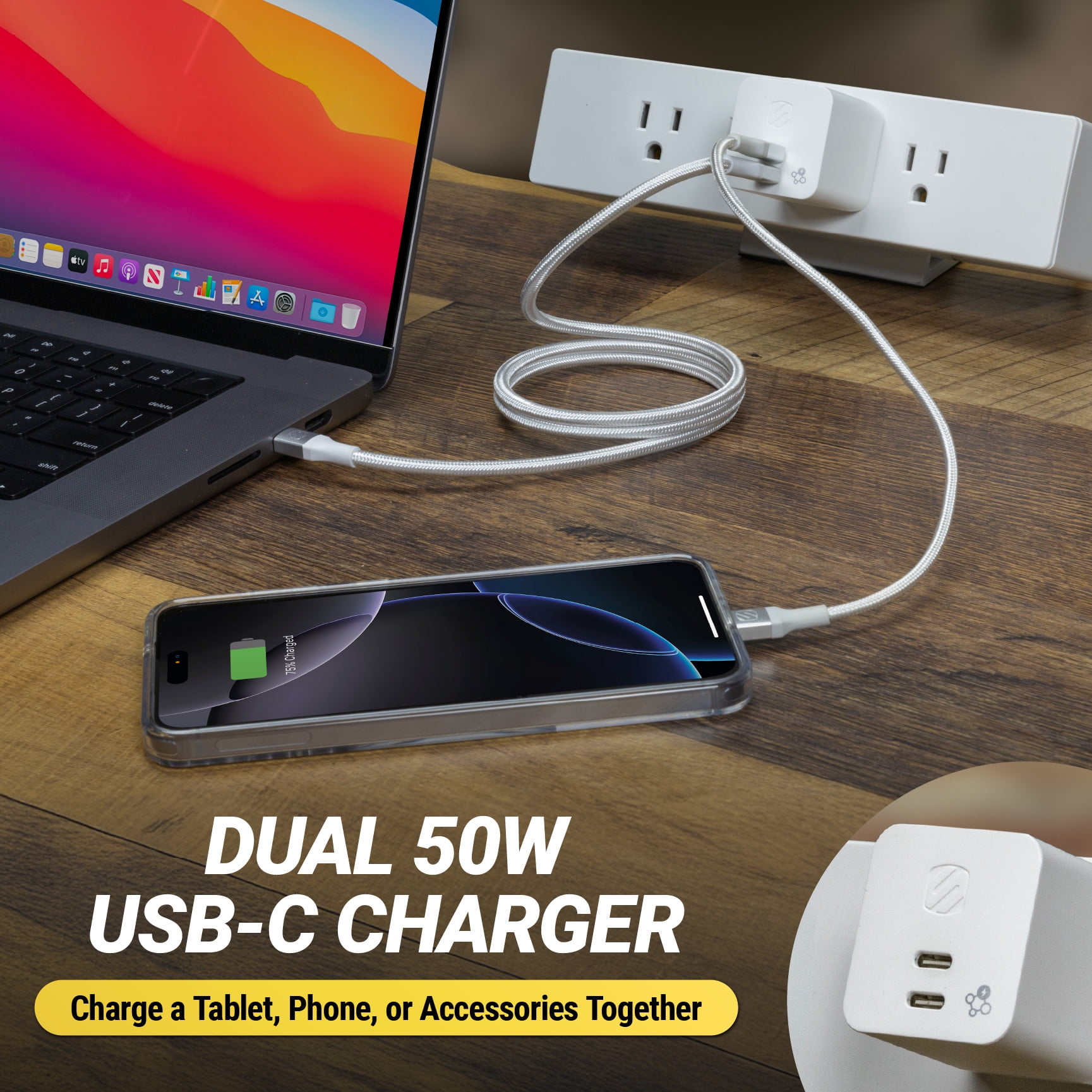 Scosche PowerFlux™ 50W Dual USB-C GaN Adaptive Power Sharing Fast Charging Wall Charger HPDCC50WT-SP