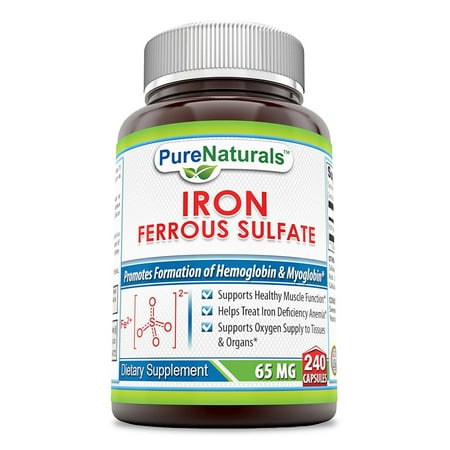 Pure Naturals Iron Ferrous Sulfate Tablets, 65 mg, 240 Count -Supports Healthy Muscle Function*-Helps Treat Iron Deficiency Anemia*-Supports Oxygen Supply to Tissues & (Best Supplements For Iron Deficiency Anemia)