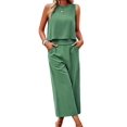 thumbnail image 2 of Women'S Summer 2 Piece Outfits Set Round Neck Sleeveless Tank Crop Top Wide Leg Pants Set with Pockets Green L, 2 of 9