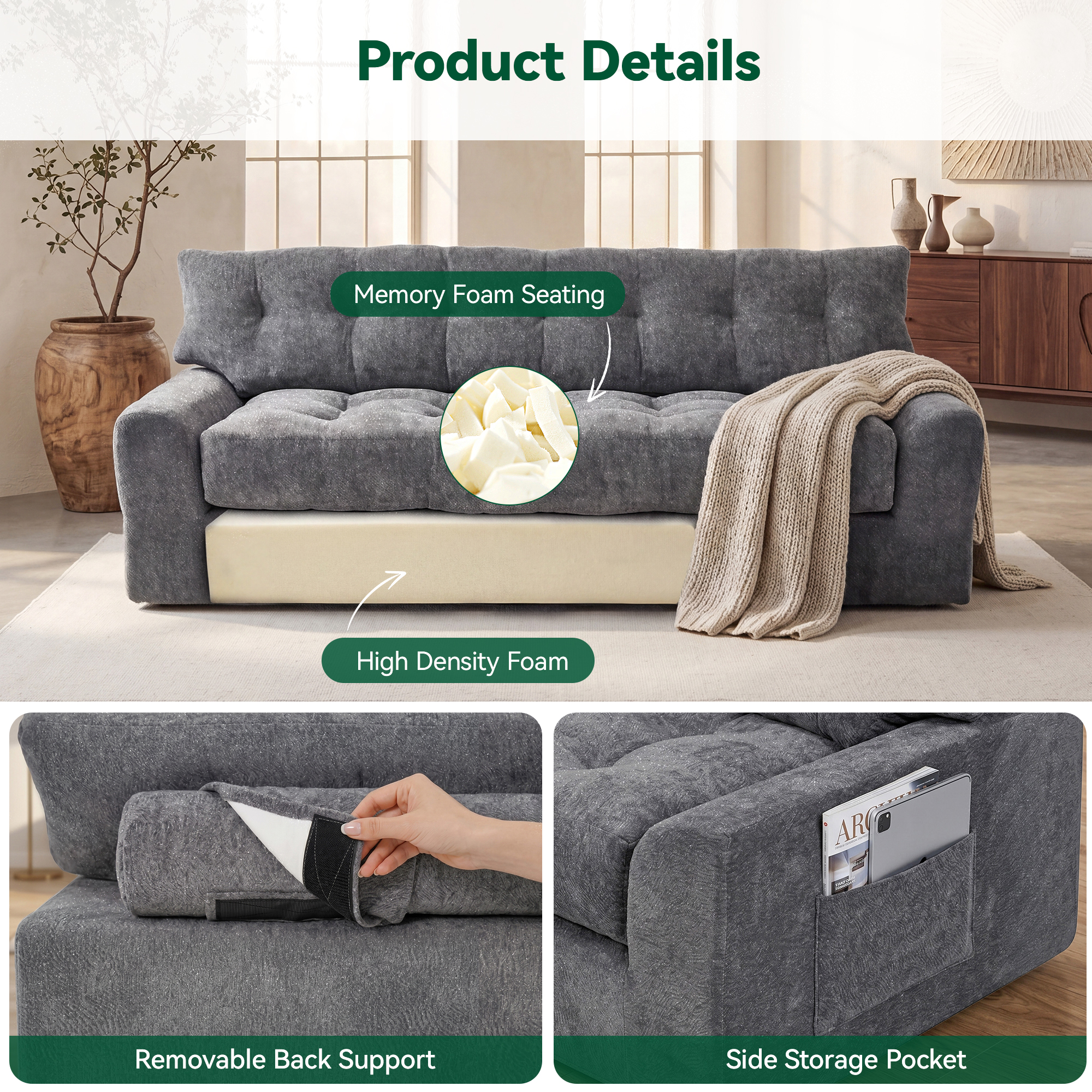 BEHOST 75.6" 3-Seater Sofa with Deep Seats, Dark Gray photo 4