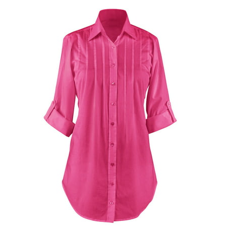 Women's Button Down, Collared, Roll Sleeve Tunic Top, Large, (Best Blouse Style For Large Bust)