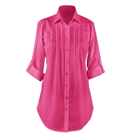 - Women's Button Down, Collared, Roll Sleeve Tunic Top, Large, Fuchsia