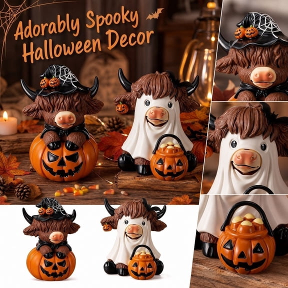 Halloween Decor Cute Spooky Highland Cow Ghost Figurine Halloween Home Decor Indoor for Tiered Tray Shelf Table Desktop 3 X 2.5 Inch Resin Statue for Seasonal Display