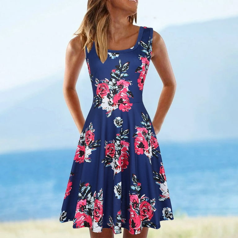 Patlollav Women Clothes,Clearance Womens Casual Sleeveless Dress O-Neck  Summer Print Dress for Beach