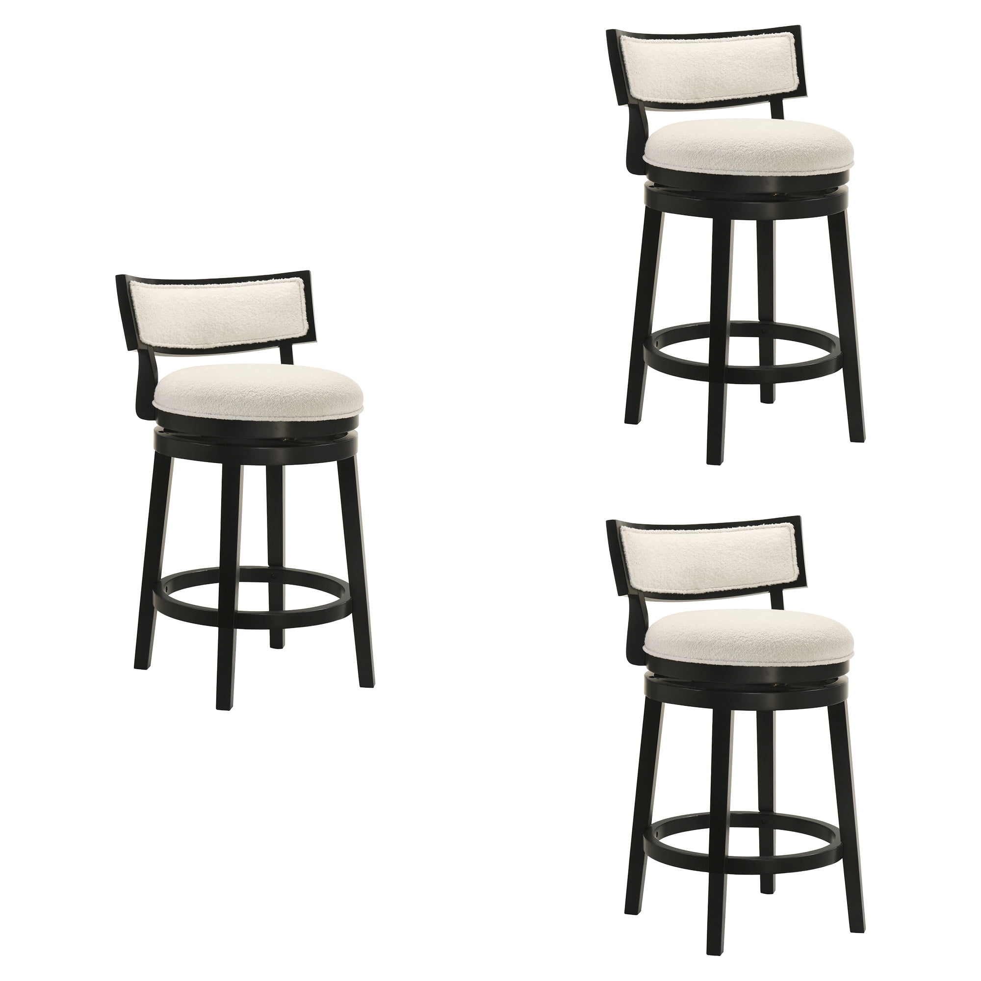 Noely Modern Farmhouse Swivel Wood Counter Height Kitchen Bar Stool in Black Finish with White Boucle Fabric Upholstered Seat - Set of 3