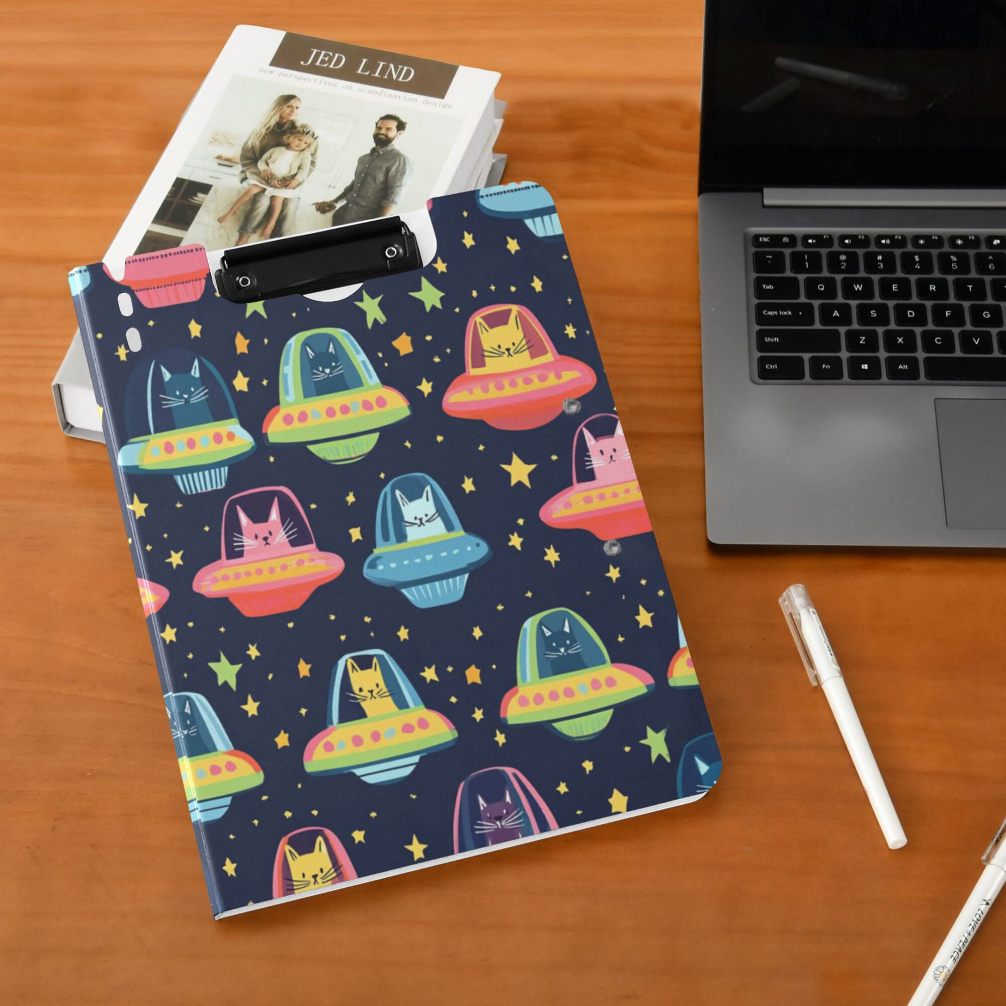FORMRS A4 Clipboard Folder with Pen Holder Horizontal Foldable School Office Binder, Cartoon Space Cat