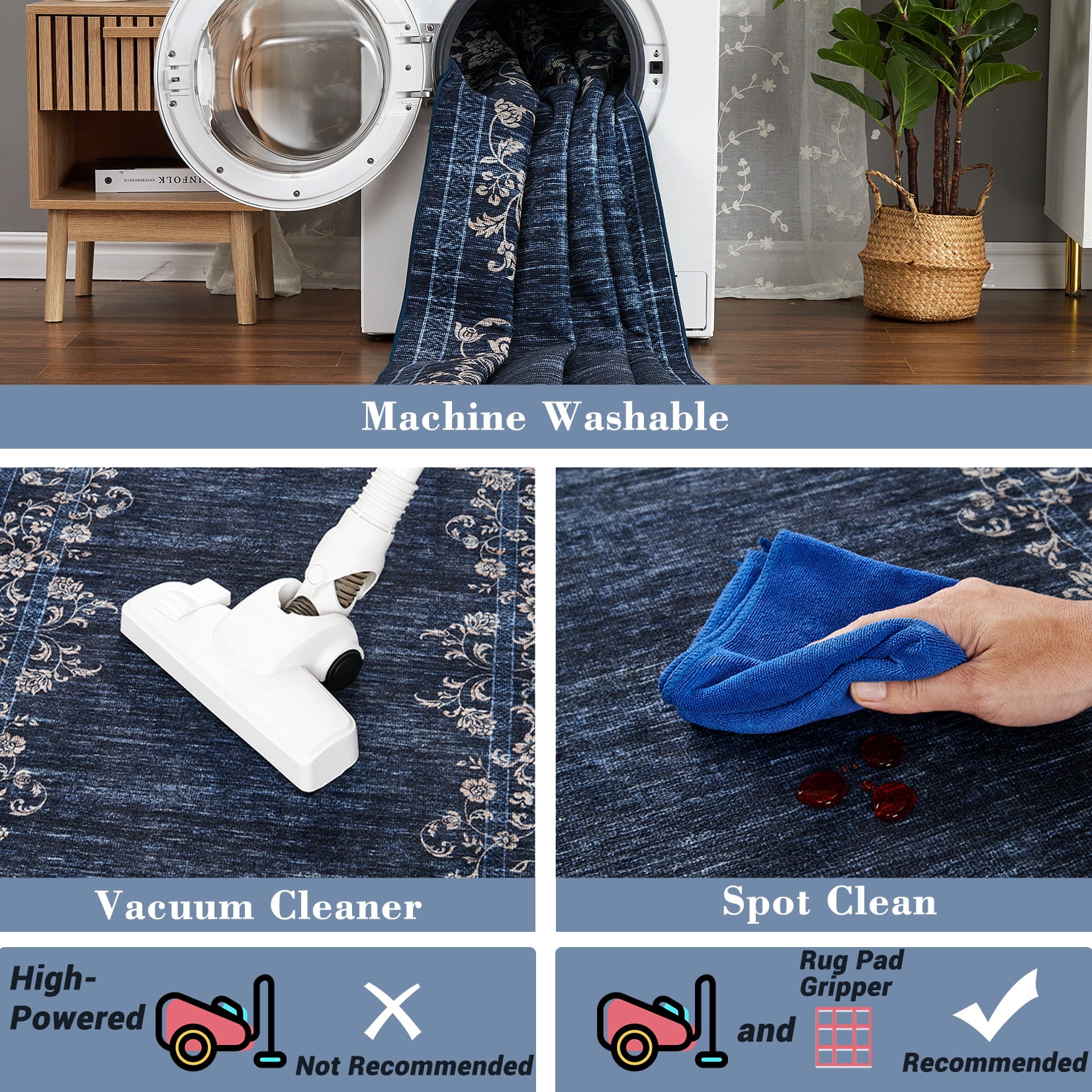 HOMERRY Washable 10' x 13' Area Rug for Living Room Farmhouse Modern Floral Bordered Dark Blue Rug Stain Resistant Large Indoor Carpet