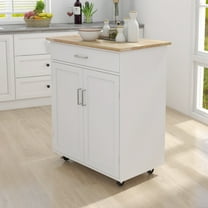 Small Kitchen Island on Wheel with Storage, Rolling Kitchen Island Cart with Drawer, Storage Cabinet and Rubber Wood Countertop, Rolling Trolley Cart with Towel Rack for Kitchen (White)