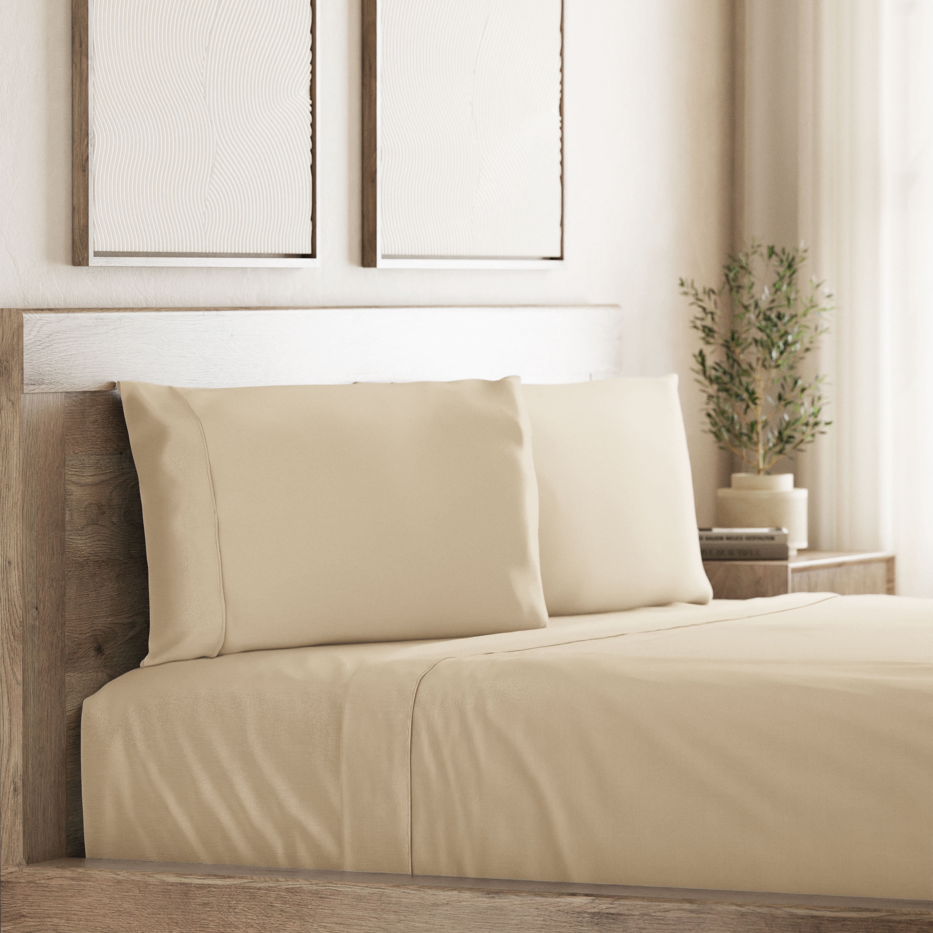 Seed & Stone Recycled Cotton Percale Bed Sheet Set, Soft, with Deep Pockets, King, Beige, 4-Piece