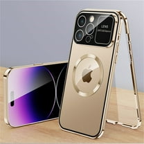ELEHOLD Magnetic Case for iPhone 14 Pro Full Body Case,Double Sided with Built-in Tempered Glass Screen Protector Metal Frame Camera Lens Protection Shockproof Rugged Case,gold