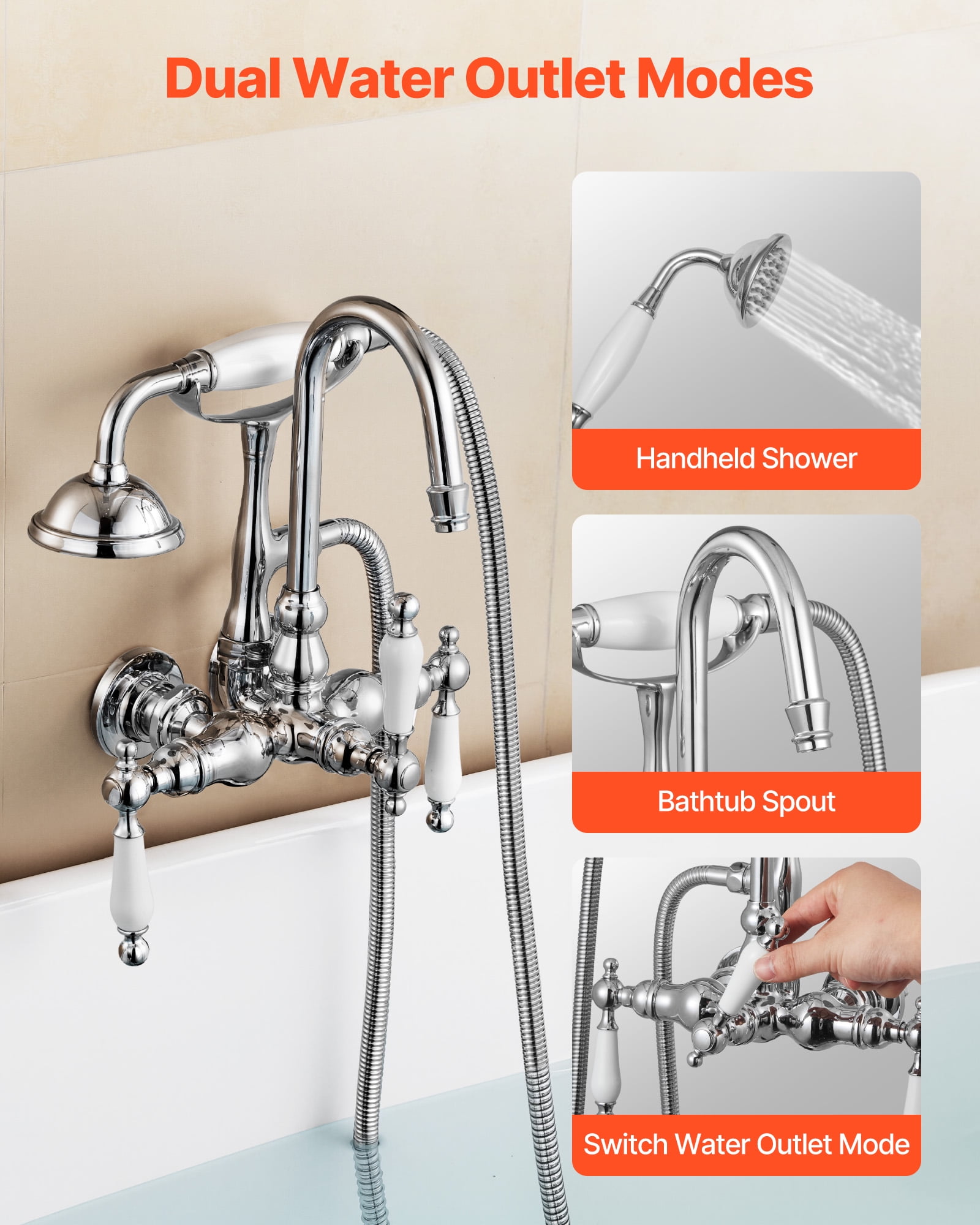 VEVOR Clawfoot Tub Faucet, Wall-Mounted Bathtub Faucets with Handheld Shower, Polished Chrome Clawfoot Tub Filler Faucet Shower Kit with 59" Long Hose & Gooseneck Spout, Modern & Vintage for Bathtubs